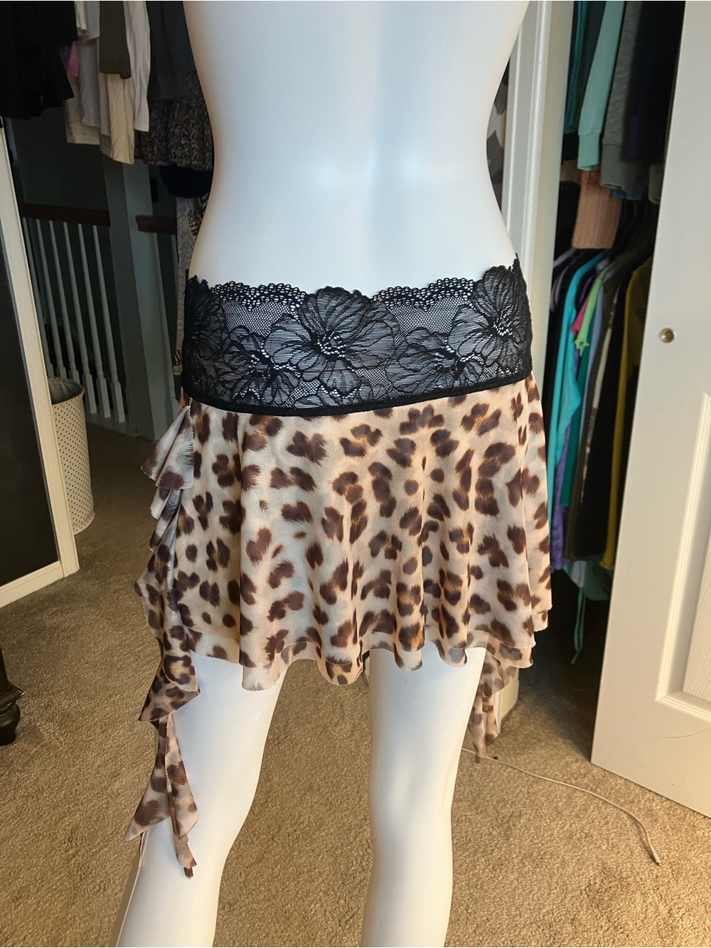 I.AM.GIA Leopard Print Mini Skirt with Black Lace Waistband